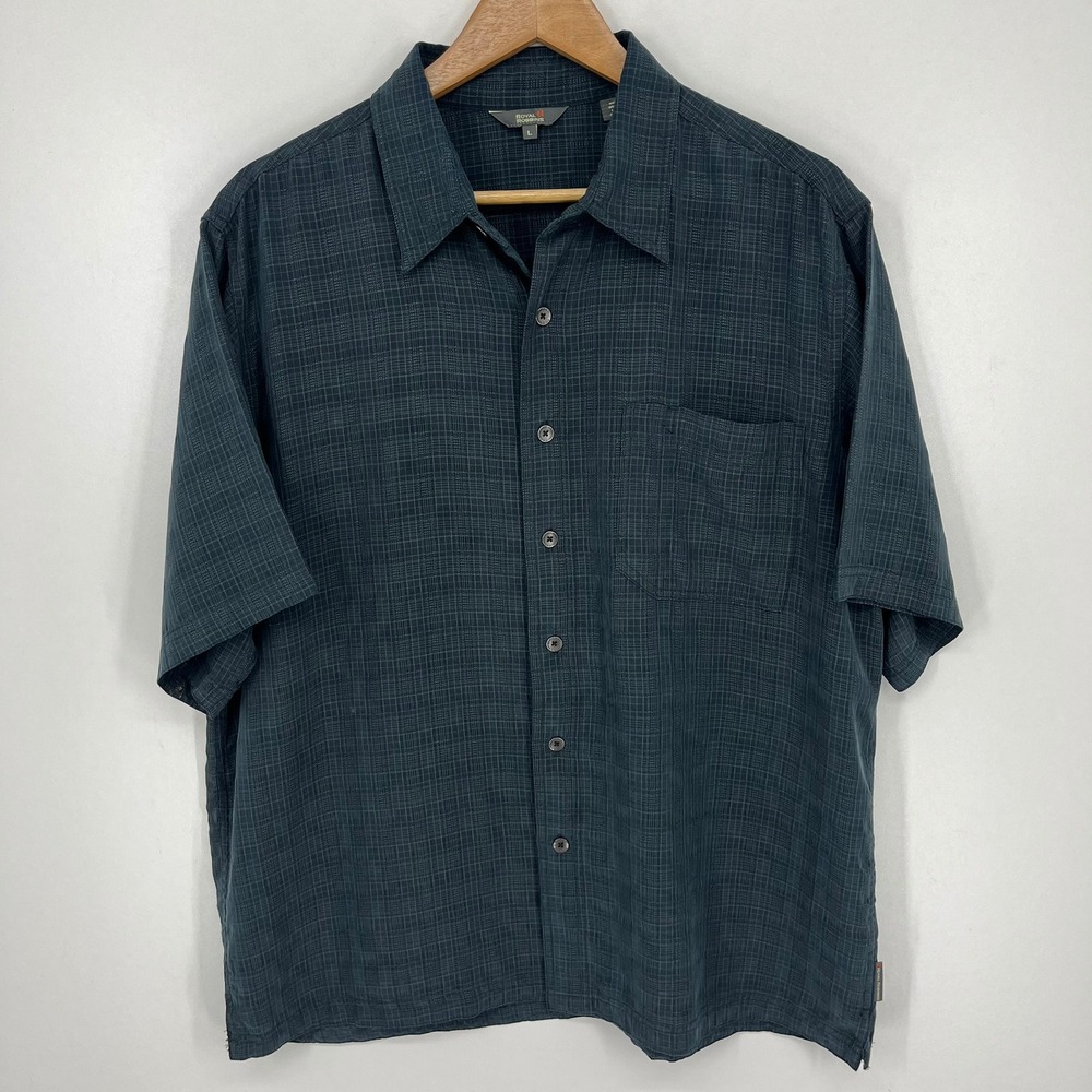 Royal Robbins Mens Large Short Sleeve Button Down Grid Pattern Shirt Blue